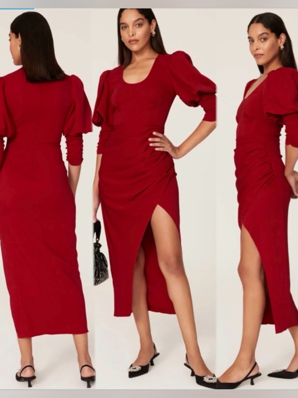 Self-Portrait Red Puff-Sleeve Midi Dress with High Slit